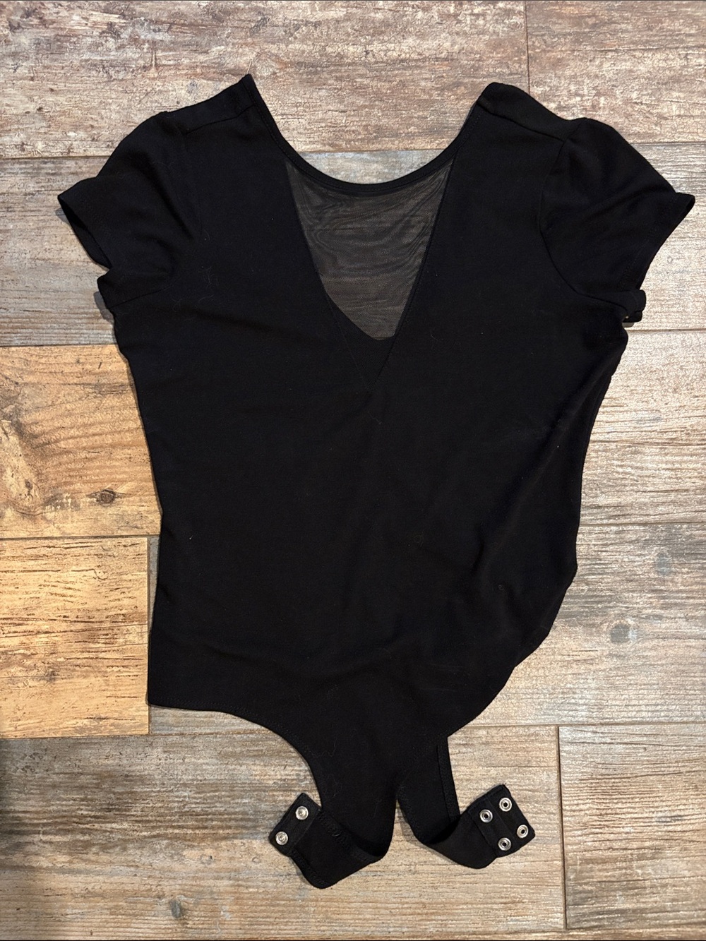 Guess Black V-Neck Short Sleeve Bodysuit with Sheer Inset